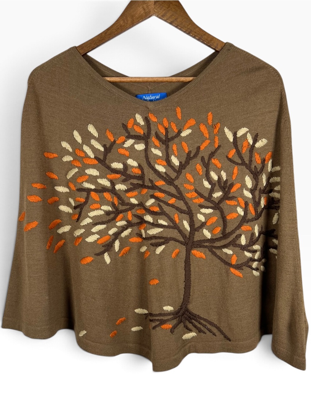 Natural Reflections Wool Blend Cape Poncho Brown Embroidered Tree One Size Fall